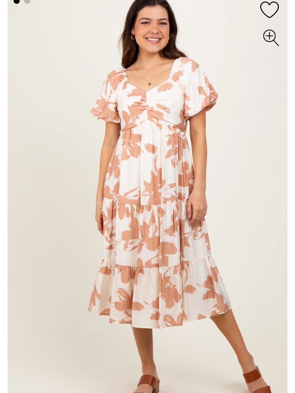 orange creek Ivory and Tan Floral Maxi Dress with Puff Sleeves